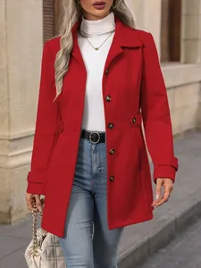 Model wearing a stylish red slim-fit wool coat with a lapel collar and buttons