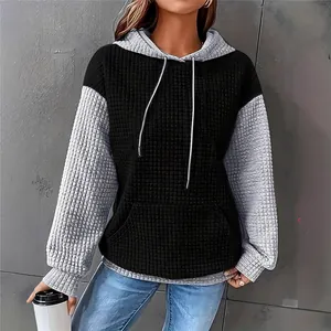Women's stylish textured color-block drawstring hooded sweatshirt in black and gray