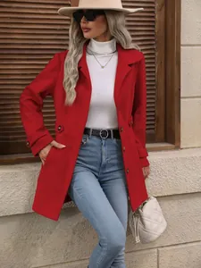 Stylish red slim-fit woolen coat with elegant lapels for women, street style fashion.