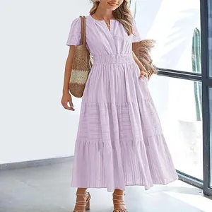 Elegant lavender V-neck puff sleeve tiered maxi dress for women, spring summer fashion style