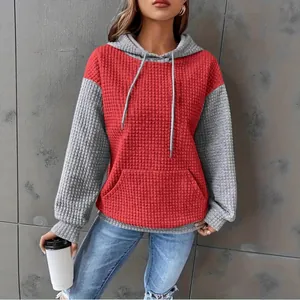 Stylish women's red and gray color-block textured pullover hoodie for autumn casual wear