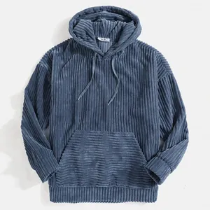 Men's Corduroy Hoodie Western Style Solid Color Long Sleeve Loose Top With Pocket Drawstring Autumn Winter Casual Hoodie