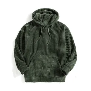 Men's solid forest green corduroy long sleeve hoodie with front pocket and drawstring