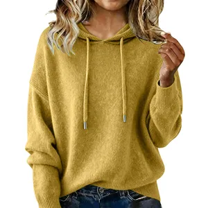 Cómoda sudadera con capucha amarilla de color sólido con cordón y punto suave