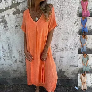 V-neck short sleeve linen maxi dress in orange and multiple vibrant color variants