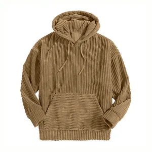 Classic men's solid brown corduroy long sleeve hoodie with front pocket and drawstring hood