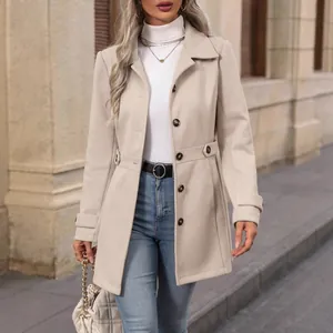 Elegant women's slim fit beige wool coat with lapel collar for autumn and winter