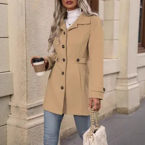 Elegant women's slim-fit wool-blend coat with classic lapel in tan for autumn winter style
