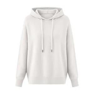 Detailed front view of a white brushed knit hooded sweater with drawstrings