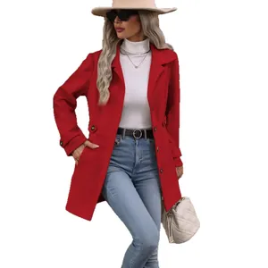 Elegant slim fit red wool coat with lapel design for women, autumn winter style