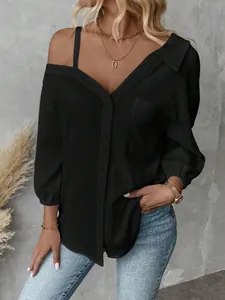 Elegant black off-shoulder textured button-down blouse with 3/4 sleeves for women