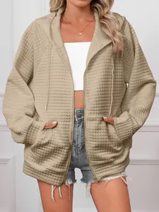 Women's khaki waffle knit hoodie with full zipper and casual drawstring hood style