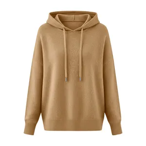 Detailed view of brown hooded drawstring knit sweater with soft brushed fabric finish
