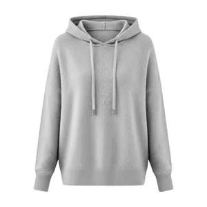 Close-up detail of a soft grey brushed knit hoodie featuring adjustable drawstrings