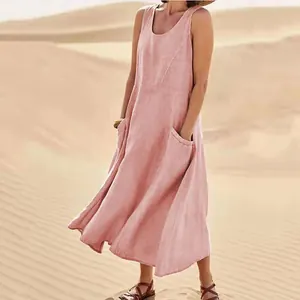 Bohemian sleeveless cotton linen midi dress in pink with side pockets