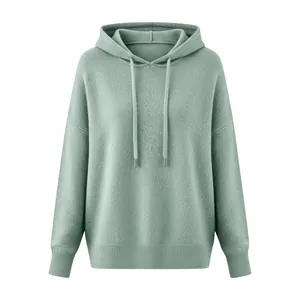 Detail view of a sage green women's drawstring knit hoodie with a soft brushed finish.
