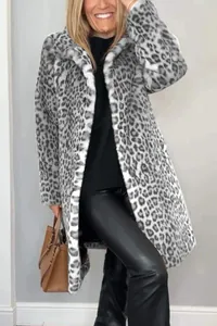 Stylish women's grey leopard print faux fur coat with lapel collar for winter fashion.