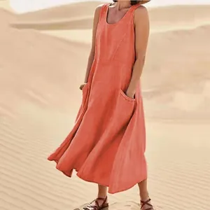 Summer loose sleeveless cotton linen maxi dress in coral orange with large pockets