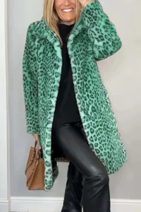 Chic blonde woman wearing a vibrant green leopard print faux fur coat in a stylish winter look