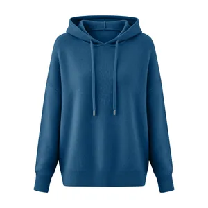 Cozy women's blue hooded sweater with soft brushed texture and drawstring detail.
