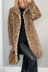 Fashionable leopard print faux fur coat with classic lapel and long sleeves for winter