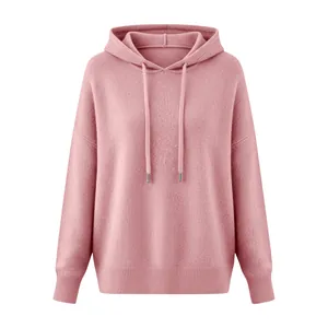 Front view of pink women's hooded sweater with ribbed cuffs and soft brushed texture.