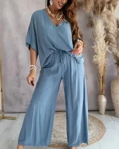 Conjunto casual de mujer con cuello en V, manga murciélago y pantalón de pierna ancha