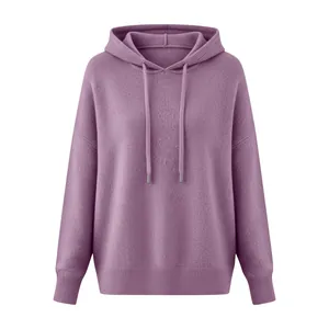 Front view of a solid purple hooded drawstring sweater with soft brushed texture