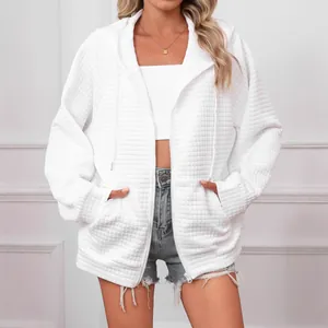 Women Waffle Knit Hooded Zip Up Jacket Long Sleeve Drawstring Casual Sweatshirt Oversized Outerwear For Fall Winter