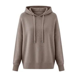 Women's solid brown long sleeve hooded drawstring sweater with soft brushed knit texture