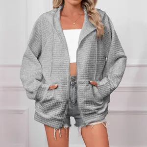 Women's casual grey waffle knit hooded jacket with zipper and drawstrings