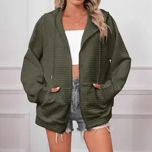 Women's army green waffle knit hooded zip-up jacket with drawstring and pockets.