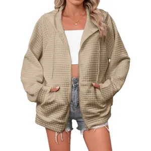 Casual khaki women's waffle knit hooded jacket with drawstring and full zip closure