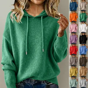 Women Casual Hooded Knit Sweater Long Sleeve Loose Pullover Solid Color Soft Wool Blend Knitwear Autumn Winter Top