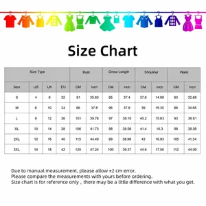 Detailed size chart for summer slim-fit chiffon dress showing US UK EU dimensions