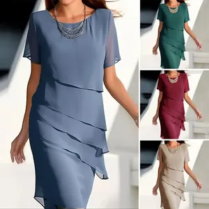 Women Elegant Chiffon Patchwork Slim Fit Dress Summer Round Neck Short Sleeve Layered Tiered Midi Dress Casual Daily Dress