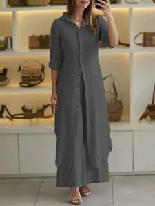 Elegant dark grey cotton linen set with long sleeve shirt and wide leg trousers