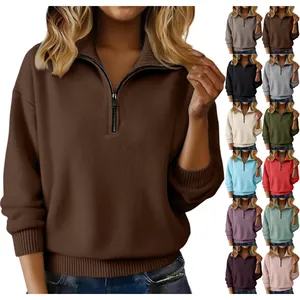Damen Casual Polyester Hochkragen Viertelreißverschluss Pullover Strickjacke Locker Einfarbig Langarm Top Für Herbst Winter