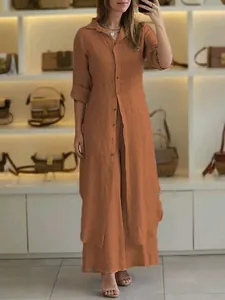 Elegant terracotta cotton linen long-sleeved shirt and wide-leg trousers set