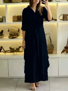 Elegant navy blue long-sleeve linen shirt and wide-leg pants two-piece set for women