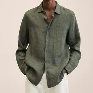 Macro view of olive green breathable cotton linen long sleeve button-down shirt for men
