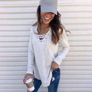 Women Casual V-Neck Lace-Up Cotton Blend Long Sleeve T-Shirt Solid Color Patchwork Loose Top Comfortable Fashion Pullover