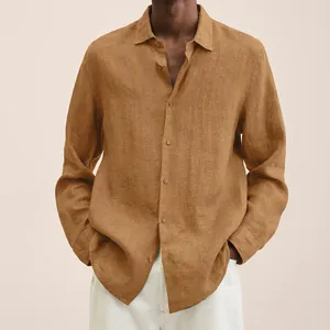 Detailed view of mustard brown long sleeve linen cotton button-down shirt for men
