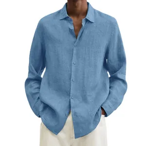 Men's casual long sleeve linen button-up shirt in light blue with loose fit and V-neck