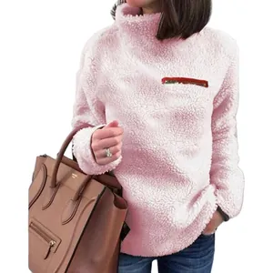 Kuscheliger rosa Sherpa-Fleece-Pullover mit Stehkragen und Reißverschluss für Damen