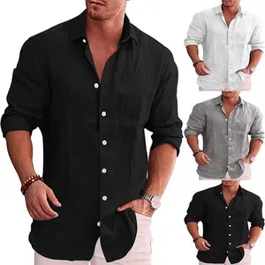 Detail view of men's linen casual long sleeve shirt in black and various colors