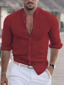 Camicia Casual da Uomo a Maniche Lunghe Collo Coreana Misto Cotone Effetto Lino Estiva Spiaggia Vacanza Hawaiana Tinta Unita Top