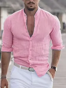 Vista dettagliata della camicia da uomo rosa in misto lino con colletto alla coreana