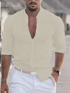 Camicia beige da uomo in lino traspirante con collo alla coreana per vacanze estive