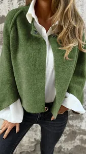 Detail shot of a textured green wool blend short coat for autumn and winter outfit